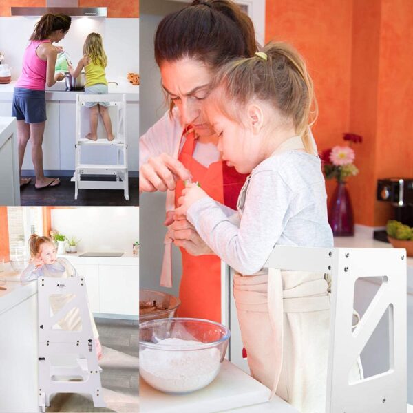 mère et fille dans la cuisine avec escabeau montessori