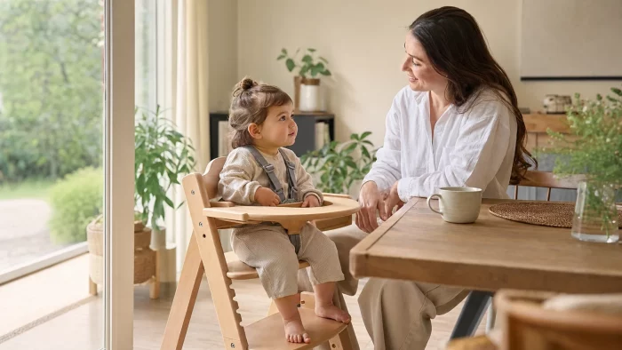 Enfant assis dans une chaise haute pendant un repas, sous la surveillance d’un adulte