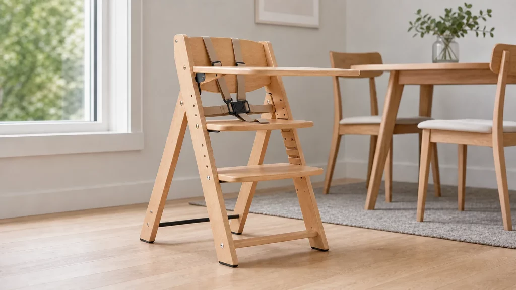 Chaise haute en bois montrant la base, la retenue, la tablette et le repose-pieds