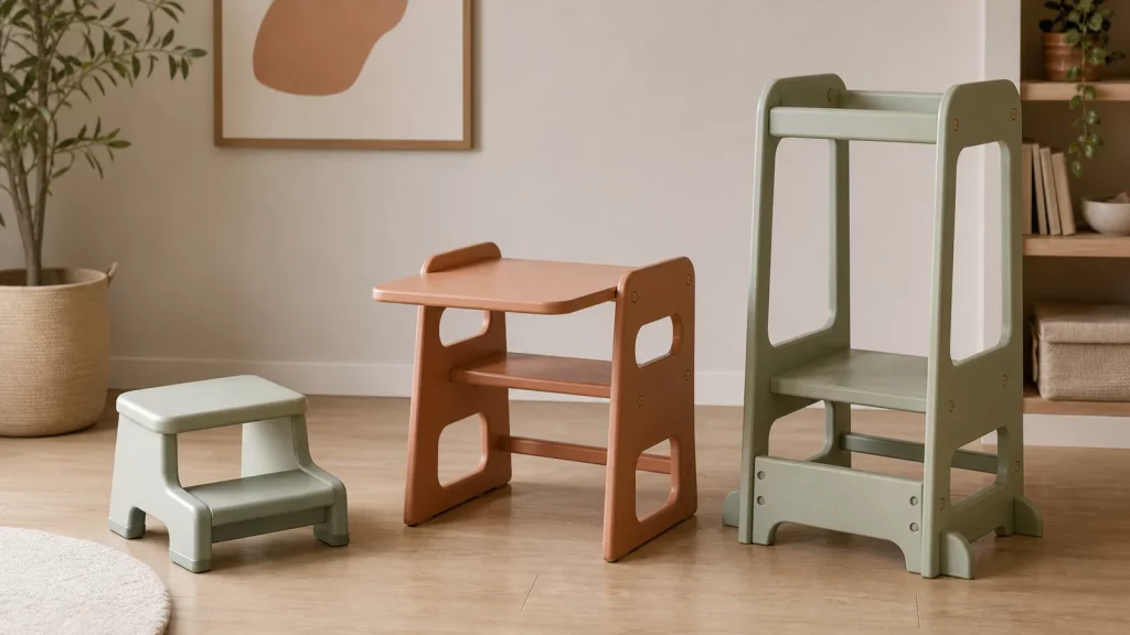Marchepied, chaise-table enfant et tour d’observation présentés côte à côte
