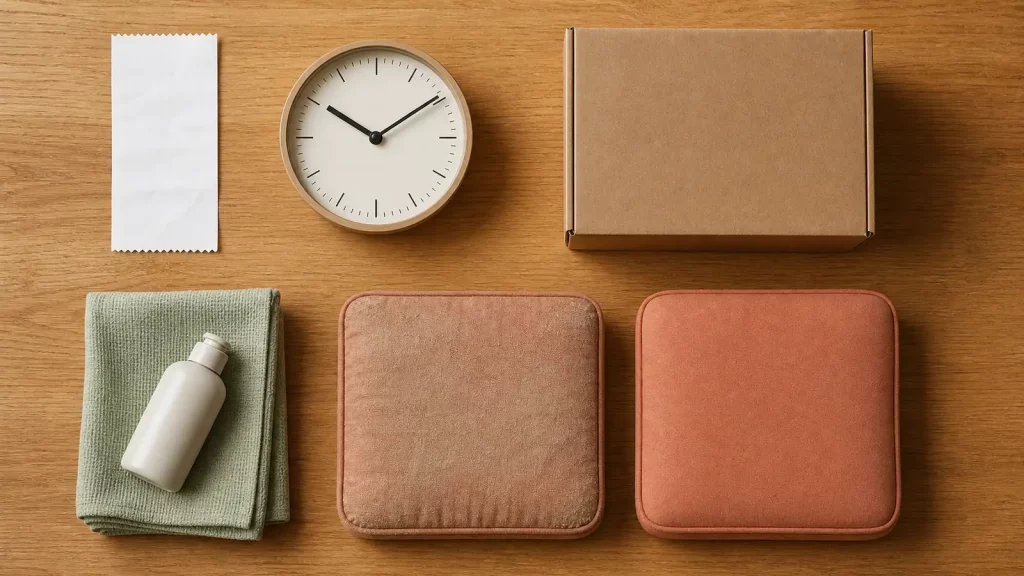 Reçu, horloge, carton, linge d’entretien et coussins usé et neuf illustrant le coût complet d’un projet