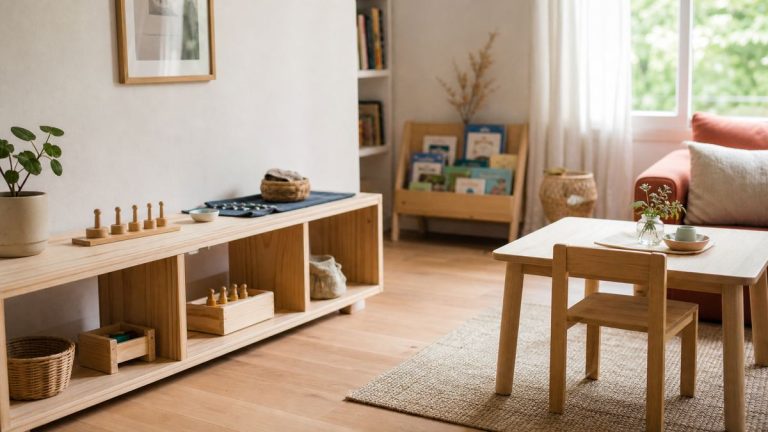Pièce de vie avec étagère basse et espace accessible à un enfant