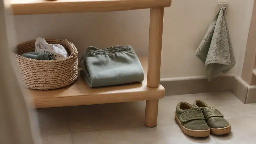 Vêtements à taille élastique, panier et serviette accessibles à hauteur d’enfant
