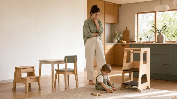 Parent comparant un marchepied, une chaise-table et une tour d’observation dans une cuisine
