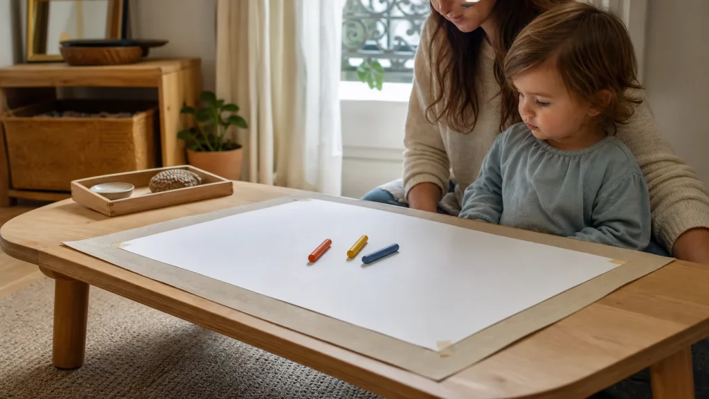 Activité de dessin préparée avec une grande feuille fixée et trois crayons épais