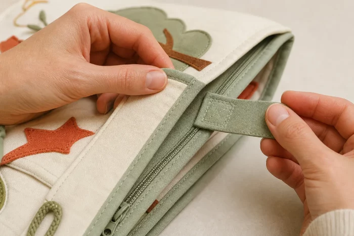 Vérification des coutures et éléments attachés d’un livre sensoriel