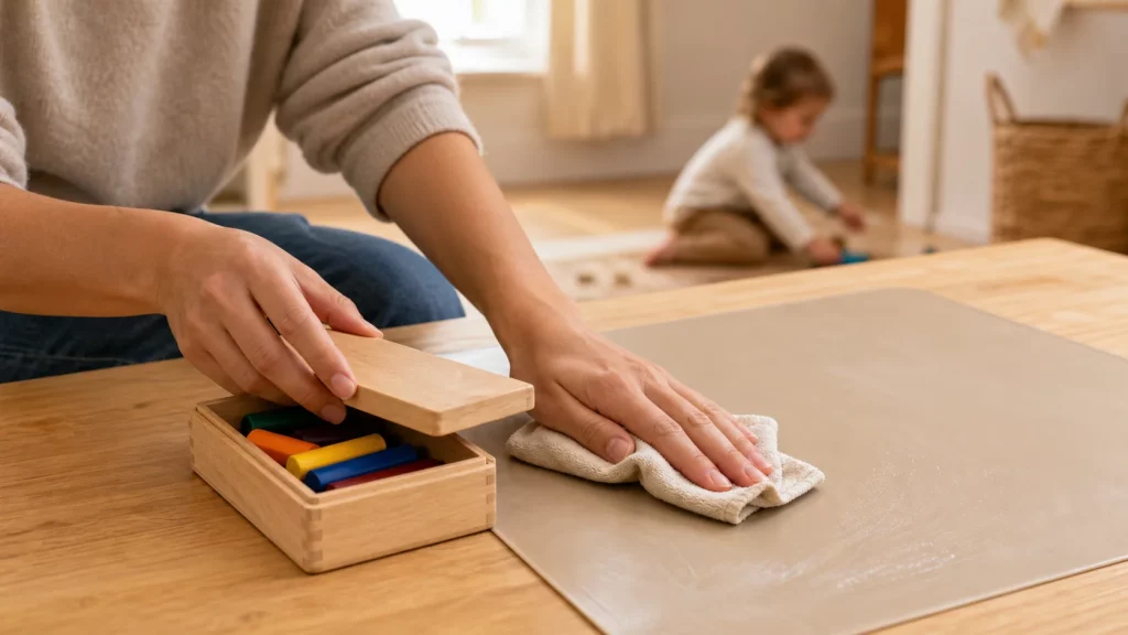 Nettoyage du tapis de dessin et rangement des crayons bébé dans une boîte en bois