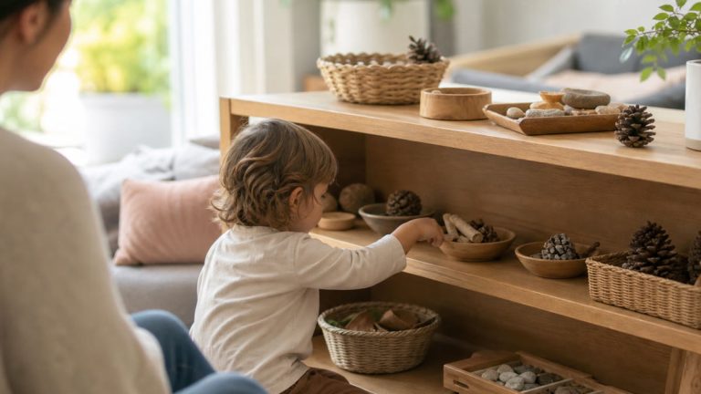 Parent observant discrètement un enfant concentré devant une étagère basse