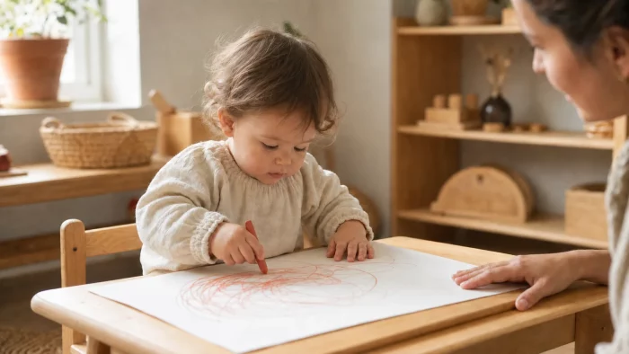 Premiers crayons pour bébé lors d’une activité de dessin supervisée