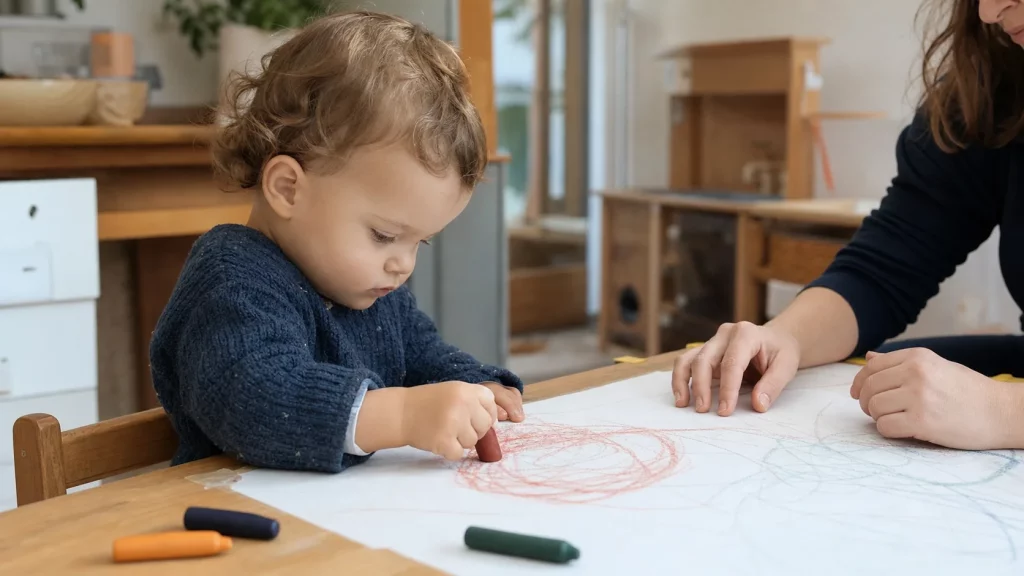 Enfant utilisant un premier crayon bébé avec une prise palmaire, sous la surveillance d’un adulte